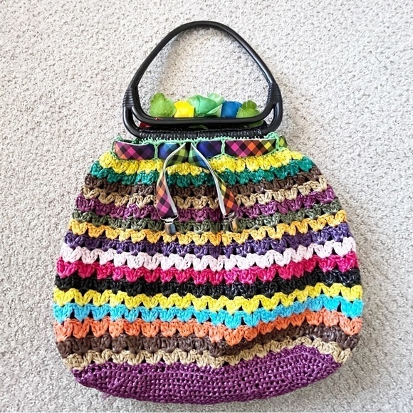 Funky Colorful Plastic Straw Beach Tote Hobo Summer Oddity Floral Stripe Shopper - Picture 1 of 12